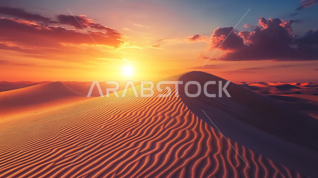 مناطق البادية والبيئة الطبيعية الصحراوية عند غروب الشمس، التكوينات والتشكلات الرملية في صحراء المملكة العربية السعودية، التضاريس و المرتفعات والقمم الجبلية في البراري، الهضاب و التلال من الرمال الناعمة في الربع الخالي، خلفية الطبيعة