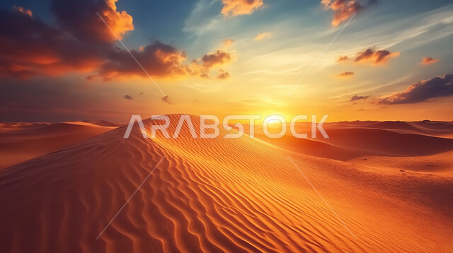 مناطق البادية والبيئة الطبيعية الصحراوية عند غروب الشمس، التكوينات والتشكلات الرملية في صحراء المملكة العربية السعودية، التضاريس و المرتفعات والقمم الجبلية في البراري، الهضاب و التلال من الرمال الناعمة في الربع الخالي، خلفية الطبيعة