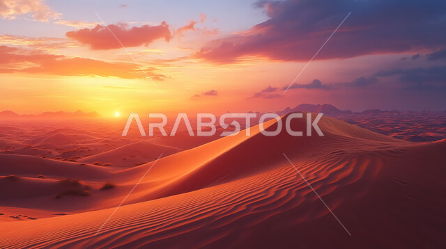 Badia areas and the natural desert environment at sunset, sand formations and formations in the desert of the Kingdom of Saudi Arabia, terrain, heights and mountain peaks in the prairies, plateaus and hills of soft sand in the Empty Quarter, nature background
