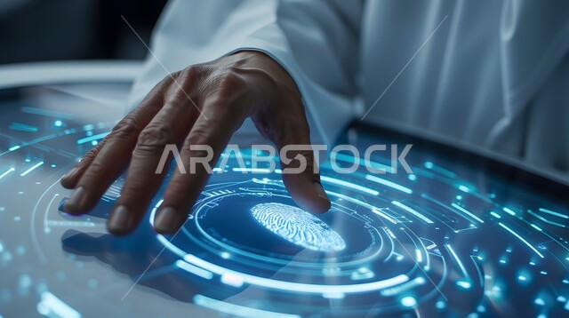 Tapping using the sense of touch on the tablet screen, close-up of the hand of a Saudi Arabian Gulf man interacting with a futuristic digital interface, use of advanced techniques and technology, the concept of innovation and technological progress in the Kingdom of Saudi Arabia