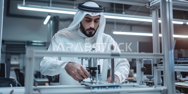 استخدام الأجهزة والآلات التقنية الحديثة في المكاتب، صورة مقربة لرجل عربي خليجي سعودي يرتدي الثوب التقليدي والشماغ يقوم  باستخدام طابعة ثلاثية الأبعاد لتصنيع منتج ما، ابتكارات وصناعات هندسية، التقدم والتطور التقني والتكنولوجي في المملكة العربية السعودية