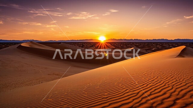 Plateaus and hills in desert landscapes, sandy environment at sunset in the middle of deserts, soft golden sand and dunes in the desert of Saudi Arabia, nature background