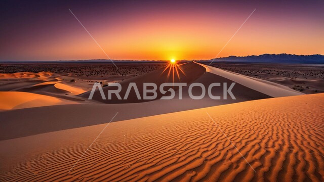 Plateaus and hills in desert landscapes, sandy environment at sunset in the middle of deserts, soft golden sand and dunes in the desert of Saudi Arabia, nature background