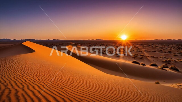 الهضاب والتلال في المناطق الطبيعية الصحراوية، البيئة الرملية وقت غروب الشمس وسط الصحاري، الرمال الذهبية الناعمة والكثبان في صحراء المملكة العربية السعودية, خلفية الطبيعه