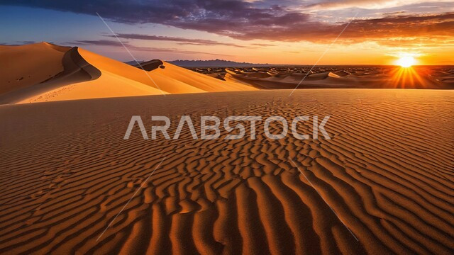 Plateaus and hills in desert landscapes, sandy environment at sunset in the middle of deserts, soft golden sand and dunes in the desert of Saudi Arabia, nature background