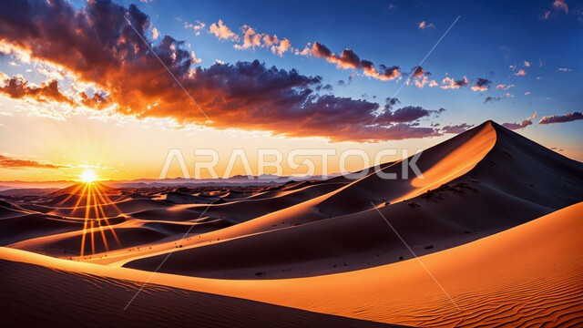 Plateaus and hills in desert landscapes, sandy environment at sunset in the middle of deserts, soft golden sand and dunes in the desert of Saudi Arabia, nature background