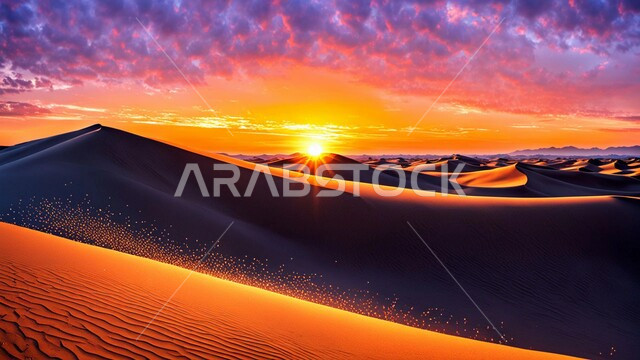 البيئة الرملية وقت غروب الشمس وسط الصحاري، االهضاب والتلال في المناطق الطبيعية الصحراوية، الرمال الذهبية الناعمة والكثبان في صحراء المملكة العربية السعودية, خلفية الطبيعه