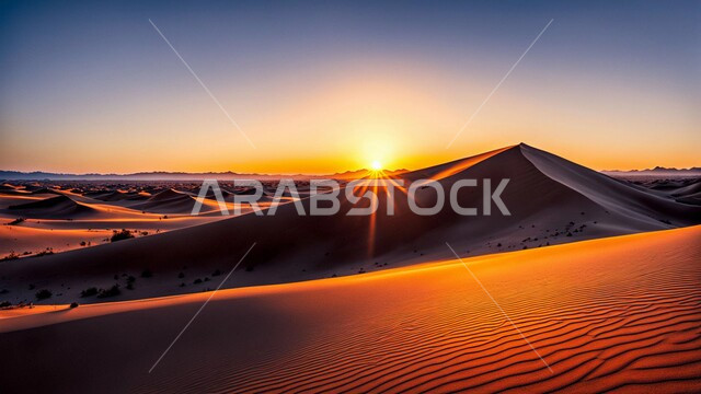 Sandy environment at sunset in the middle of the desert, plateaus and hills in the desert natural areas, soft golden sand and dunes in the desert of the Kingdom of Saudi Arabia, nature background