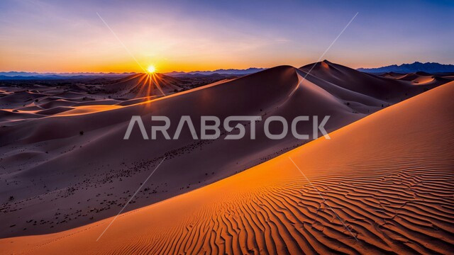 Sandy environment at sunset in the middle of the desert, plateaus and hills in the desert natural areas, soft golden sand and dunes in the desert of the Kingdom of Saudi Arabia, nature background