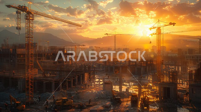 إنشاء الأساسات والهياكل للمشروعات السكنية والمصانع، مفهوم العمل الجماعي والتعاون في أداء المهام، تشييد المباني والمشاريع الضخمة، أعمال البناء والمقاولات والتطوير العقاري، صورة ظلية لعمال عرب خليجيين سعوديين يعملون في موقع البناء وقت غروب الشمس 