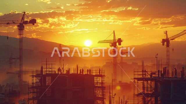 إنشاء الأساسات والهياكل للمشروعات السكنية والمصانع، مفهوم العمل الجماعي والتعاون في أداء المهام، تشييد المباني والمشاريع الضخمة، أعمال البناء والمقاولات والتطوير العقاري، صورة ظلية لعمال عرب خليجيين سعوديين يعملون في موقع البناء وقت غروب الشمس 