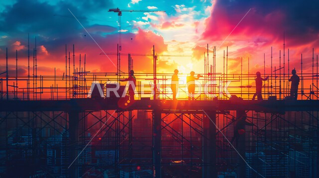 Construction of foundations and structures for residential projects and factories, concept of teamwork and cooperation in performing tasks, construction of buildings and mega projects, construction, contracting and real estate development works, silhouette of Saudi Arabian Gulf workers working on a construction site at sunset