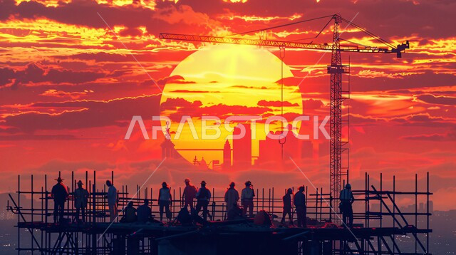 إنشاء الأساسات والهياكل للمشروعات السكنية والمصانع، مفهوم العمل الجماعي والتعاون في أداء المهام، تشييد المباني والمشاريع الضخمة، أعمال البناء والمقاولات والتطوير العقاري، صورة ظلية لعمال عرب خليجيين سعوديين يعملون في موقع البناء وقت غروب الشمس 