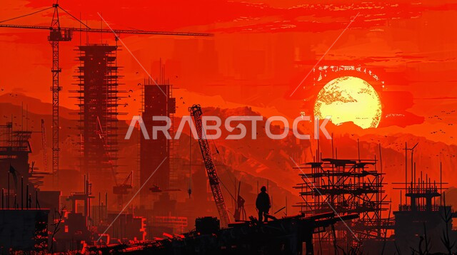 Construction of foundations and structures for residential projects and factories, concept of teamwork and cooperation in performing tasks, construction of buildings and mega projects, construction, contracting and real estate development works, silhouette of Saudi Arabian Gulf workers working on a construction site at sunset