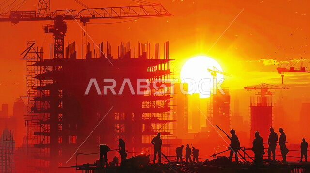 إنشاء الأساسات والهياكل للمشروعات السكنية والمصانع، مفهوم العمل الجماعي والتعاون في أداء المهام، تشييد المباني والمشاريع الضخمة، أعمال البناء والمقاولات والتطوير العقاري، صورة ظلية لعمال عرب خليجيين سعوديين يعملون في موقع البناء وقت غروب الشمس 