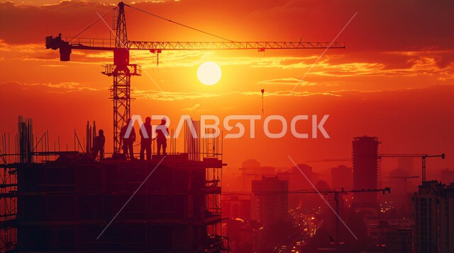Construction of foundations and structures for residential projects and factories, concept of teamwork and cooperation in performing tasks, construction of buildings and mega projects, construction, contracting and real estate development works, silhouette of Saudi Arabian Gulf workers working on a construction site at sunset