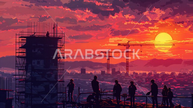 إنشاء الأساسات والهياكل للمشروعات السكنية والمصانع، مفهوم العمل الجماعي والتعاون في أداء المهام، تشييد المباني والمشاريع الضخمة، أعمال البناء والمقاولات والتطوير العقاري، صورة ظلية لعمال عرب خليجيين سعوديين يعملون في موقع البناء وقت غروب الشمس 