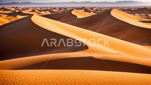 مناطق البادية والبيئة الطبيعية الصحراوية وقت النهار، التضاريس و التلال والهضاب في البراري، التكوينات والتشكلات الرملية في صحراء المملكة العربية السعودية، الرمال الناعمة الذهبية، خلفية الطبيعة