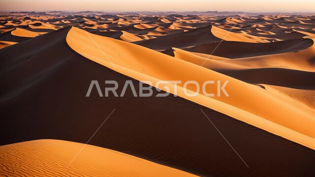 Desert areas and desert natural environment during the day, terrain and hills and plateaus in the prairies, sand formations and formations in the desert of the Kingdom of Saudi Arabia, soft golden sand, nature background