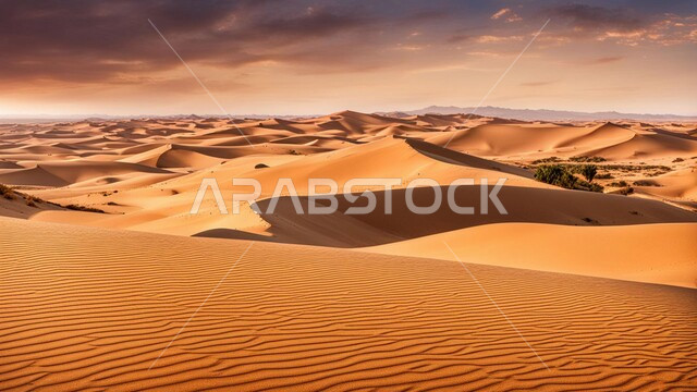 Desert areas and desert natural environment during the day, terrain and hills and plateaus in the prairies, sand formations and formations in the desert of the Kingdom of Saudi Arabia, soft golden sand, nature background
