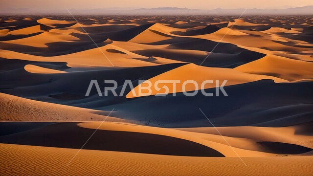 مناطق البادية والبيئة الطبيعية الصحراوية وقت النهار، التضاريس و التلال والهضاب في البراري، التكوينات والتشكلات الرملية في صحراء المملكة العربية السعودية، الرمال الناعمة الذهبية، خلفية الطبيعة