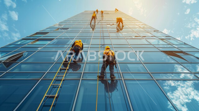 الفن الهندسي المعماري للأبراج وناطحات السحاب، خدمة التنظيف في العمارات المرتفعة، المنشآت الحديثة بديكورات وتصاميم متميزة في المملكة العربية، عمال عرب خليجيين إماراتيين يقومون بتنظيف الزجاج الخارجي لبناء مرتفع شاهق