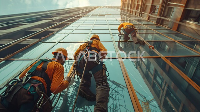 الفن الهندسي المعماري للأبراج وناطحات السحاب، خدمة التنظيف في العمارات المرتفعة، المنشآت الحديثة بديكورات وتصاميم متميزة في المملكة العربية، عمال عرب خليجيين إماراتيين يقومون بتنظيف الزجاج الخارجي لبناء مرتفع شاهق