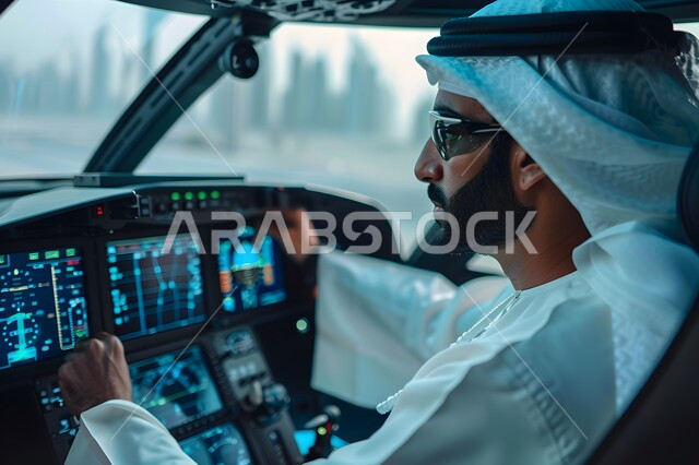 Preparing for a flight, integrating advanced technology with work, observing holographic graphics on illuminated electronic screens on the aircraft control panel, close-up of a Saudi Arabian Gulf captain wearing a traditional dress with a shemagh and sunglasses inside a private jet cabin