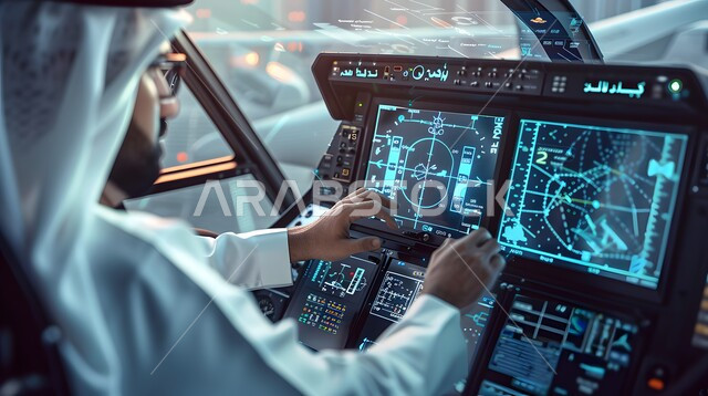 Preparing for a flight, integrating advanced technology with work, observing holographic graphics on illuminated electronic screens on the aircraft control panel, close-up of a Saudi Arabian Gulf captain wearing a traditional dress with a shemagh and sunglasses inside a private jet cabin