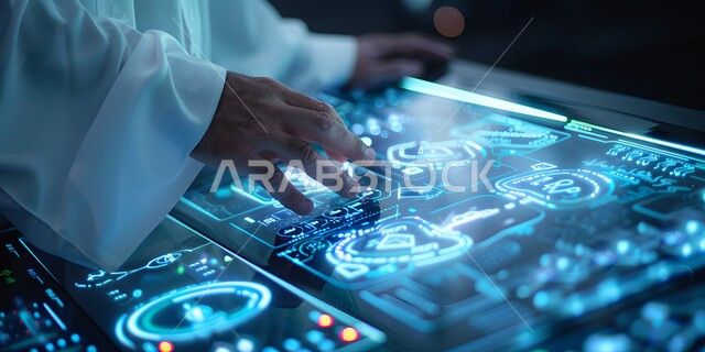 التحول الرقمي والتقدم التقني في المملكة العربية السعودية، دمج التقنيات المتطورة في الحياة اليومية, صورة مقربة ليد رجل عربي سعودي خليجي يرتدي الثوب التقليدي ينقر و يتفاعل مع واجهة مستقبلية تعمل باللمس تعرض البيانات البيومترية، مفهوم الأمان عالي التقنية