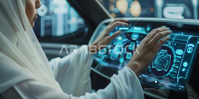 مفهوم صناعة وابتكار السيارات المستقبلية المتطورة، دمج التقنيات المتطورة في الحياة اليومية, التقدم والتطور التقني والتكنولوجي في المملكة العربية السعودية، صورة مقربة ليد إمراة عربيي سعوديي خليجيي تتفاعل مع واجهة سيارة رقمية مستقبلية