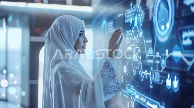 مفهوم الأمان عالي التقنية، التحول الرقمي والتقدم التقني، دمج التقنيات المتطورة في الحياة اليومية, صورة مقربة لإمرأة عربية سعودية خليجية محجبة تنقر و تتفاعل مع واجهة مستقبلية تعمل باللمس تعرض البيانات البيومترية، استخدام الأجهزة الحديثة لإنجاز المهام