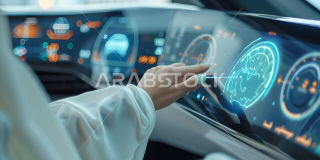 مفهوم صناعة وابتكار السيارات المستقبلية المتطورة، دمج التقنيات المتطورة في الحياة اليومية, التقدم والتطور التقني والتكنولوجي في المملكة العربية السعودية، صورة مقربة ليد إمراة عربيي سعوديي خليجيي تتفاعل مع واجهة سيارة رقمية مستقبلية