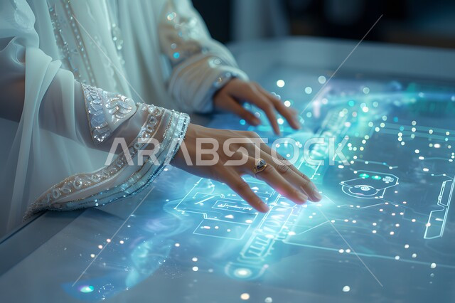 دمج التقنيات المتطورة في الحياة اليومية, صورة مقربة ليد إمرأة عربية سعودية خليجية تنقر و تتفاعل مع واجهة مستقبلية تعمل باللمس تعرض البيانات البيومترية، مفهوم الأمان عالي التقنية، التحول الرقمي والتقدم التقني، استخدام الأجهزة الحديثة لإنجاز المهام