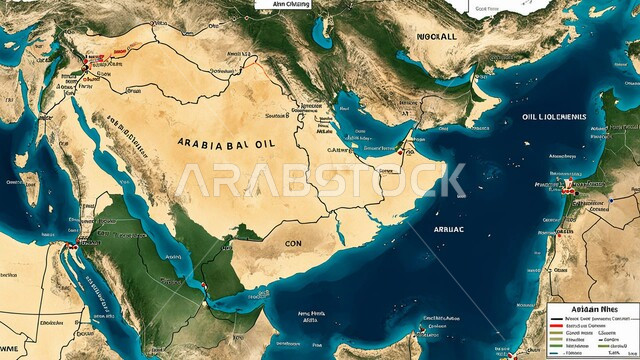 المناطق الغنية بالموارد الطبيعيه على خريطة المملكة العربية السعودية,  حقول النفط ومناطق استخراجها, مصادر الطاقة المهمة في دول الخليج العربي, رسوم توضيحية للممرات المائية الرئيسية لتصدير الوقود، مفهوم هندسة البترول في البلدان العربية