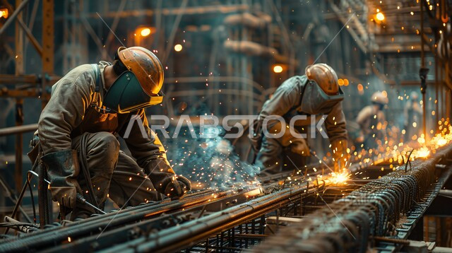 المهارة في إتقان العمل في مصنع الحداده، مصانع خط إنتاج الفولاذ والمعادن الخام المختلفة في المملكة العربية السعودية, مجموعة من الحدادين عربيين خليجيين سعوديين يرتدون ملابس الحماية والخوذة يقومون بلحام الحديد، الآلات والمعدات الثقيلة 