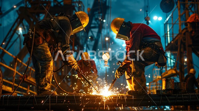 المهارة في إتقان العمل في مصنع الحداده، مصانع خط إنتاج الفولاذ والمعادن الخام المختلفة في المملكة العربية السعودية, مجموعة من الحدادين عربيين خليجيين سعوديين يرتدون ملابس الحماية والخوذة يقومون بلحام الحديد، الآلات والمعدات الثقيلة 