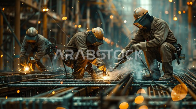 المهارة في إتقان العمل في مصنع الحداده، مصانع خط إنتاج الفولاذ والمعادن الخام المختلفة في المملكة العربية السعودية, مجموعة من الحدادين عربيين خليجيين سعوديين يرتدون ملابس الحماية والخوذة يقومون بلحام الحديد، الآلات والمعدات الثقيلة 