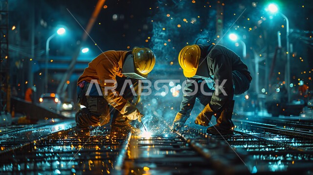 المهارة في إتقان العمل في مصنع الحداده، مصانع خط إنتاج الفولاذ والمعادن الخام المختلفة في المملكة العربية السعودية, مجموعة من الحدادين عربيين خليجيين سعوديين يرتدون ملابس الحماية والخوذة يقومون بلحام الحديد، الآلات والمعدات الثقيلة 