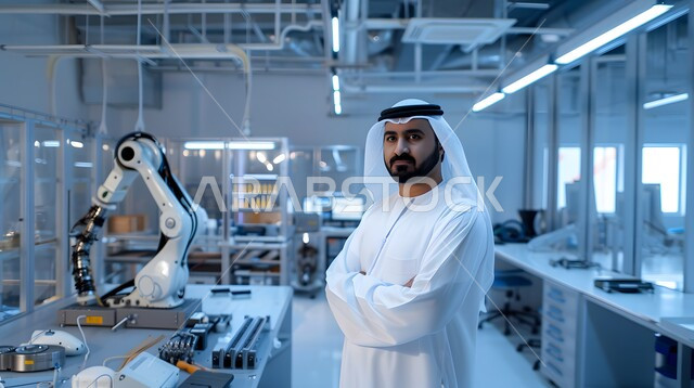Modern robotics innovation, modern Emirati research center, advances technology in scientific laboratories, close-up of an Arab Gulf Emirati man wearing a kandura and ghutra standing with his hands folded looking at the camera with gestures of pride and self-confidence