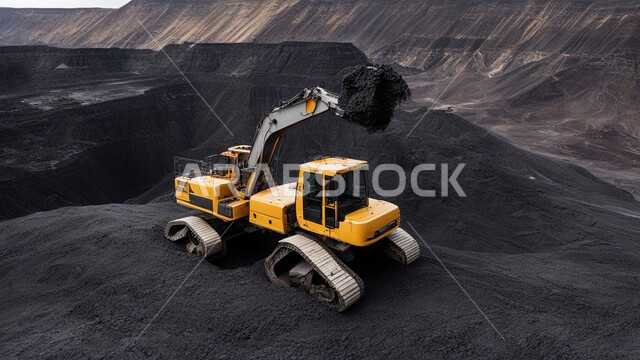 المرتفعات وقمم الجبال في المملكة العربية السعودية, مناطق التنقيب عن الثروات الباطنية، سيارة شحن كبيرة تقوم بالعمل في موقع التعدين, كميات ضخمة من إنتاج الفحم الوطني، مناجم الفحم الطبيعي العربية