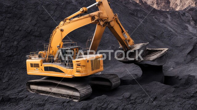 المرتفعات وقمم الجبال في المملكة العربية السعودية, مناطق التنقيب عن الثروات الباطنية، سيارة شحن كبيرة تقوم بالعمل في موقع التعدين, كميات ضخمة من إنتاج الفحم الوطني، مناجم الفحم الطبيعي العربية