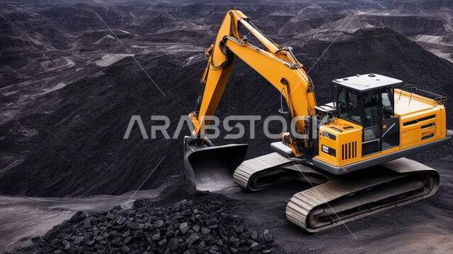 المرتفعات وقمم الجبال في المملكة العربية السعودية, مناطق التنقيب عن الثروات الباطنية، سيارة شحن كبيرة تقوم بالعمل في موقع التعدين, كميات ضخمة من إنتاج الفحم الوطني، مناجم الفحم الطبيعي العربية