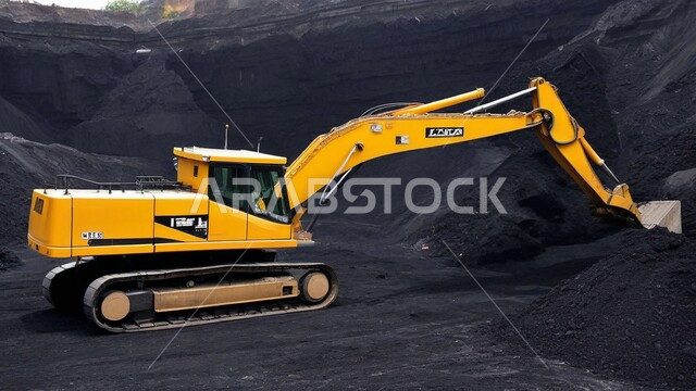 المرتفعات وقمم الجبال في المملكة العربية السعودية, مناطق التنقيب عن الثروات الباطنية، سيارة شحن كبيرة تقوم بالعمل في موقع التعدين, كميات ضخمة من إنتاج الفحم الوطني، مناجم الفحم الطبيعي العربية