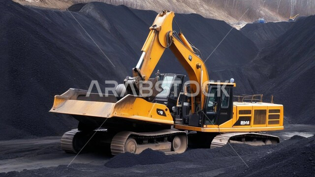 المرتفعات وقمم الجبال في المملكة العربية السعودية, مناطق التنقيب عن الثروات الباطنية، سيارة شحن كبيرة تقوم بالعمل في موقع التعدين, كميات ضخمة من إنتاج الفحم الوطني، مناجم الفحم الطبيعي العربية