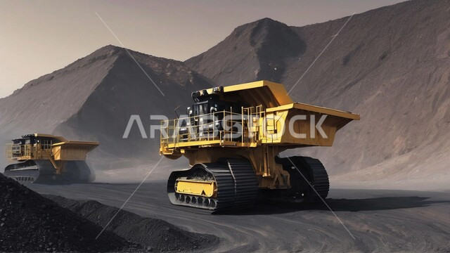 Arab natural coal mines, exploration areas for underground resources, highlands and mountain peaks in the Kingdom of Saudi Arabia, a large truck working at the mining site, huge quantities of national coal production