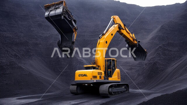 مناجم الفحم الطبيعي العربية، مناطق التنقيب عن الثروات الباطنية، المرتفعات وقمم الجبال في المملكة العربية السعودية, سيارة شحن كبيرة تقوم بالعمل في موقع التعدين, كميات ضخمة من إنتاج الفحم الوطني