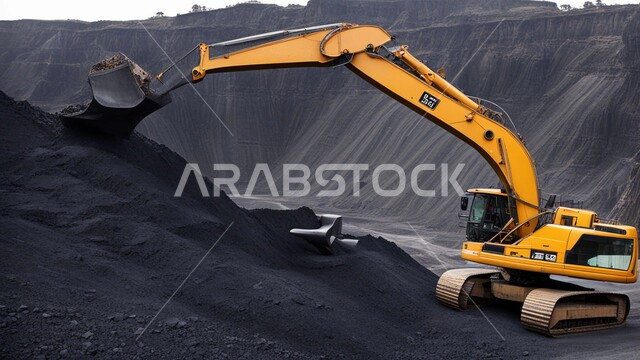 مناجم الفحم الطبيعي العربية، مناطق التنقيب عن الثروات الباطنية، المرتفعات وقمم الجبال في المملكة العربية السعودية, سيارة شحن كبيرة تقوم بالعمل في موقع التعدين, كميات ضخمة من إنتاج الفحم الوطني