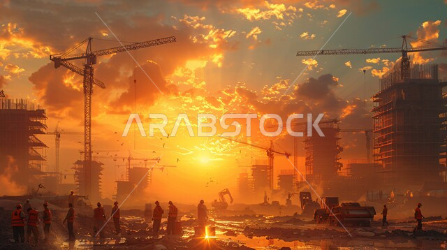 أعمال البناء والمقاولات والتطوير العقاري، الأساسات والهياكل للمشروعات السكنية والمصانع، مفهوم العمل الجماعي والتعاون في أداء المهام، تشييد المباني والمشاريع الضخمة، عمال عرب خليجيين سعوديين يعملون في موقع البناء وقت غروب الشمس