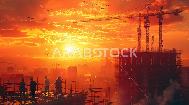 Construction, contracting and real estate development works, foundations and structures for residential projects and factories, the concept of teamwork and cooperation in performing tasks, construction of buildings and large projects, Saudi Arabian Gulf workers working on a construction site at sunset
